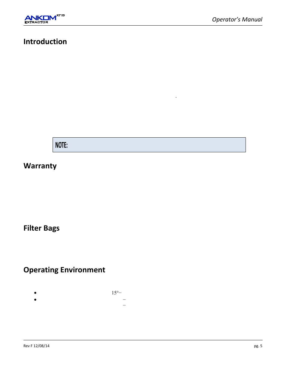 Introduction, Warranty, Filter bags | Operating environment, Operator’s manual | ANKOM XT15 Series User Manual | Page 5 / 32
