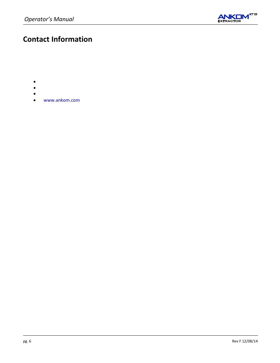 Contact information, Operator’s manual | ANKOM XT15 Series User Manual | Page 6 / 32
