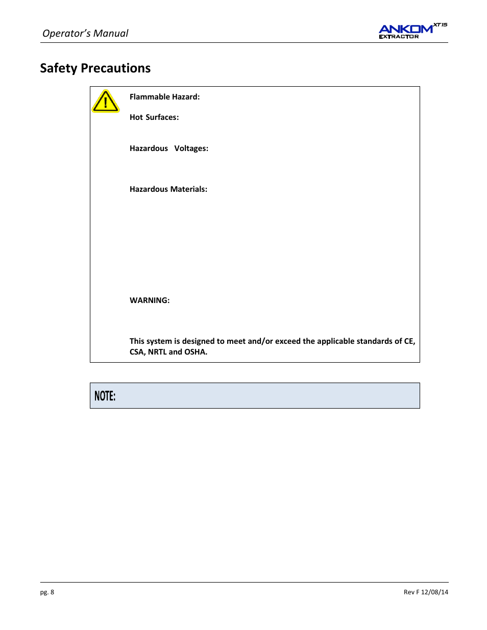 Safety precautions, Operator’s manual | ANKOM XT15 Series User Manual | Page 8 / 32