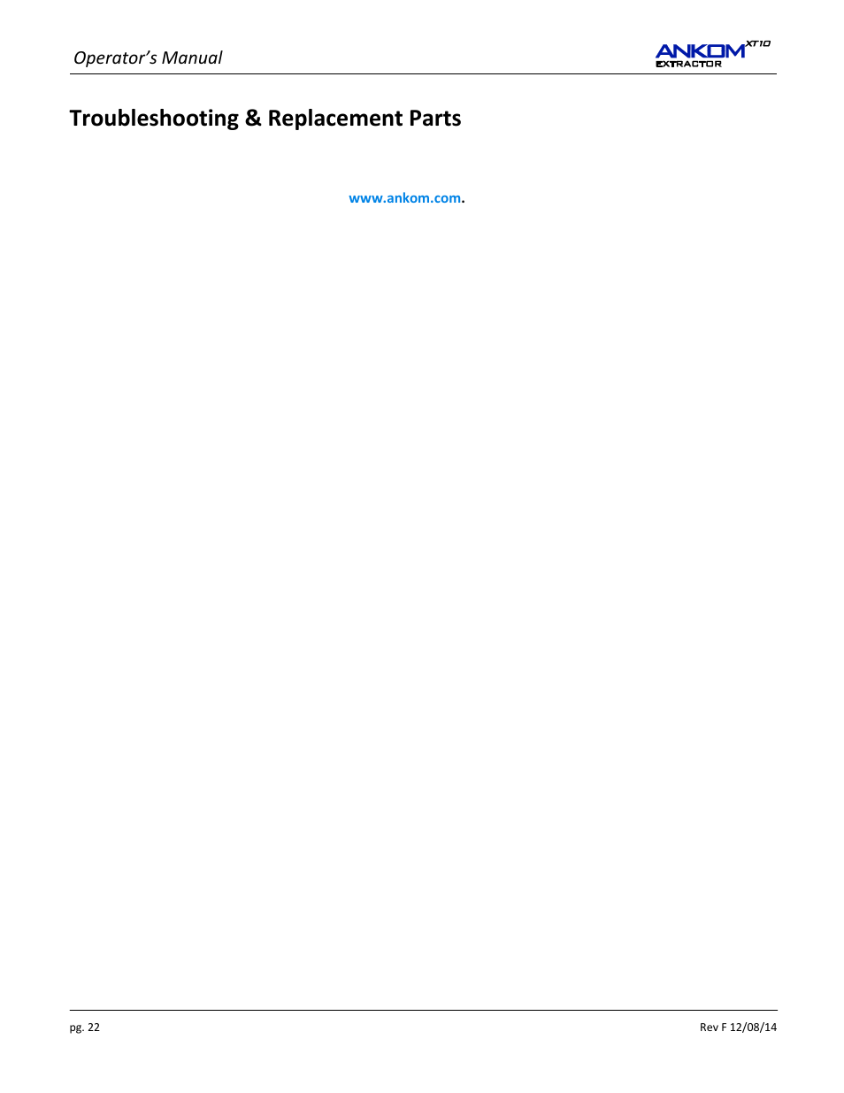 Troubleshooting & replacement parts, Operator’s manual | ANKOM XT10 Series User Manual | Page 22 / 32