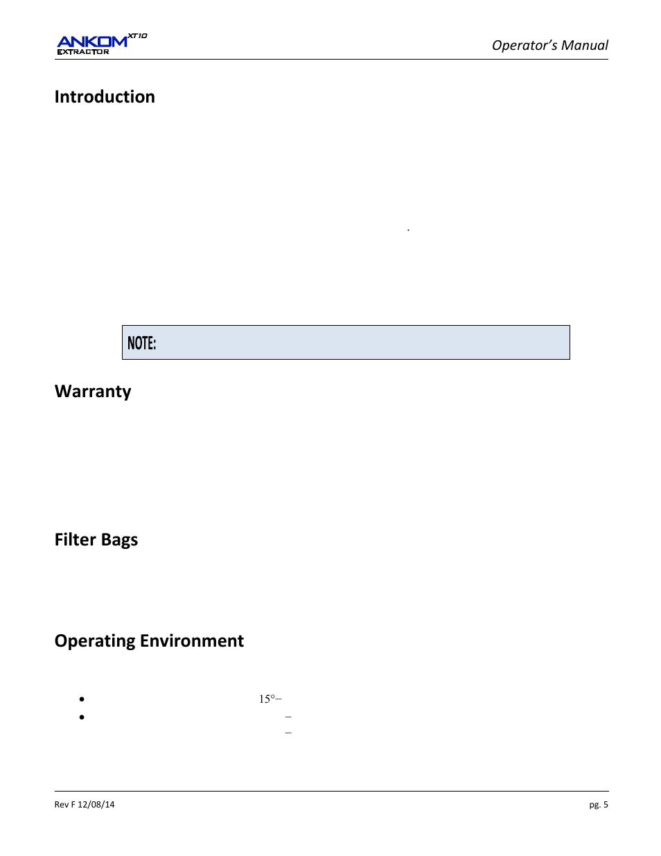 Introduction, Warranty, Filter bags | Operating environment, Operator’s manual | ANKOM XT10 Series User Manual | Page 5 / 32