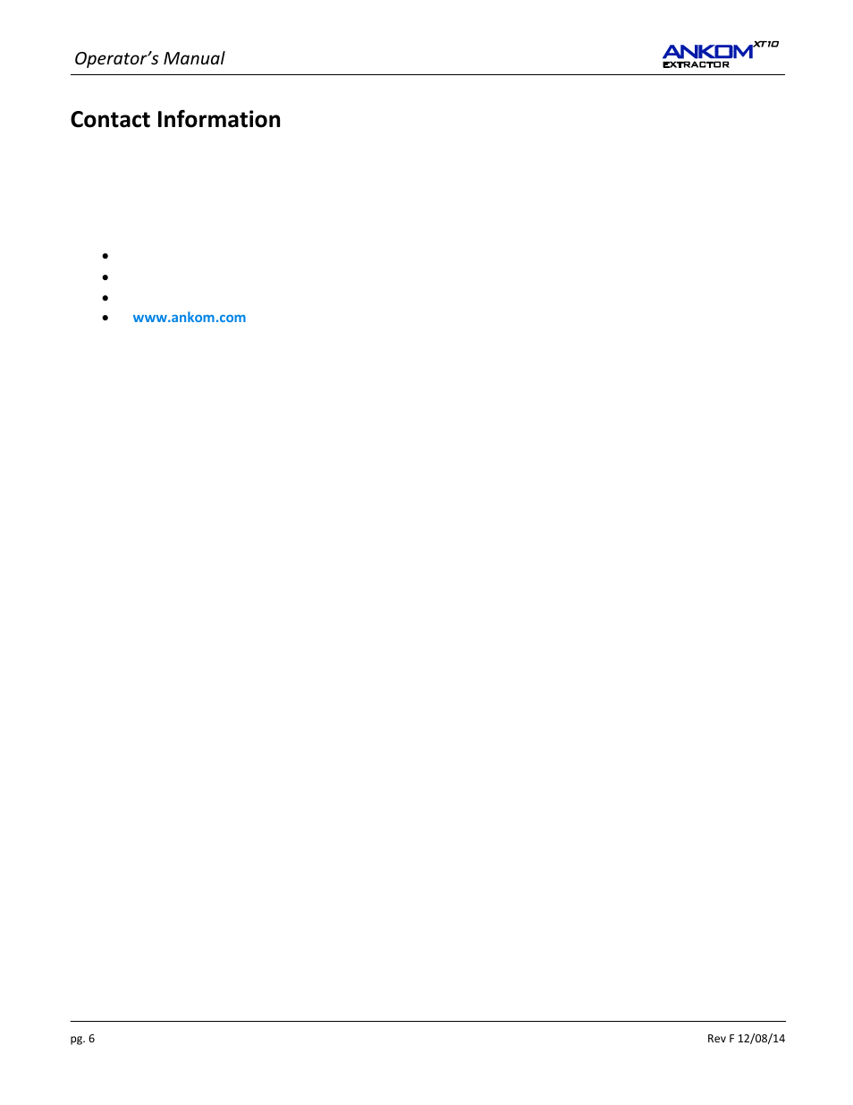 Contact information, Operator’s manual | ANKOM XT10 Series User Manual | Page 6 / 32