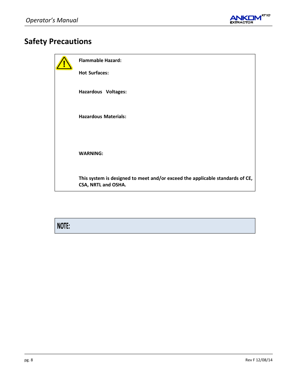 Safety precautions, Operator’s manual | ANKOM XT10 Series User Manual | Page 8 / 32
