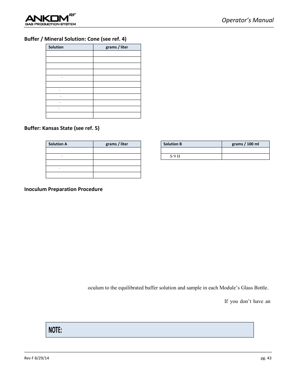 Operator’s manual, Buffer / mineral solution: cone (see ref. 4), Buffer: kansas state (see ref. 5) | Inoculum preparation procedure | ANKOM RF User Manual | Page 43 / 48