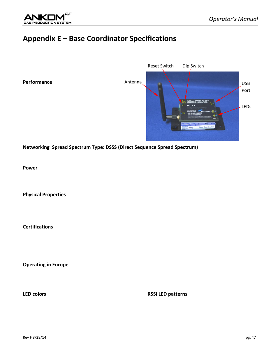 Appendix e – base coordinator specifications, Operator’s manual | ANKOM RF User Manual | Page 47 / 48