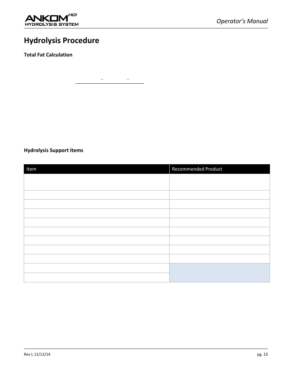 Hydrolysis procedure, Operator’s manual | ANKOM HCl Series User Manual | Page 13 / 28