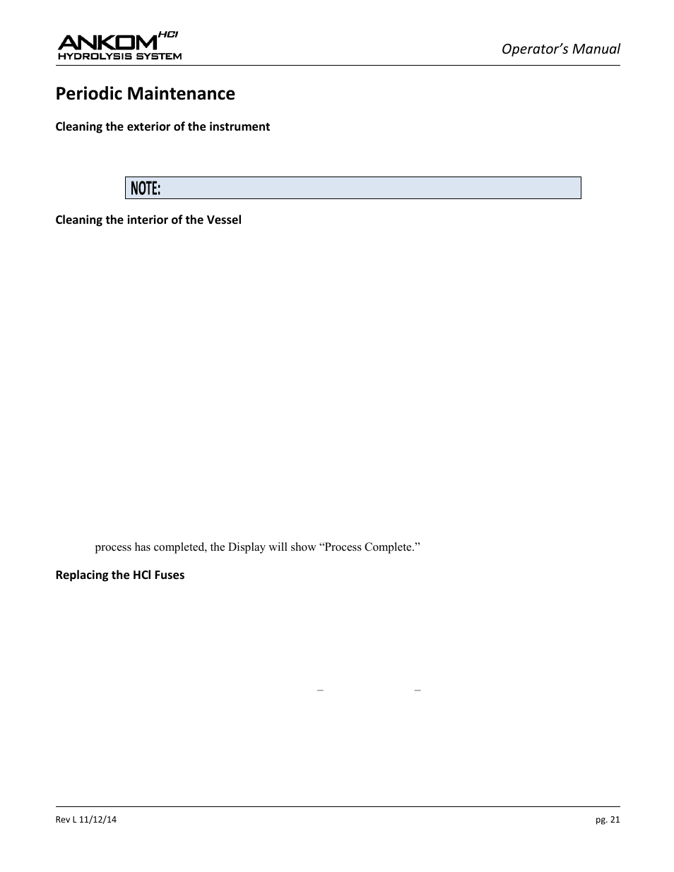 Periodic maintenance, Operator’s manual | ANKOM HCl Series User Manual | Page 21 / 28