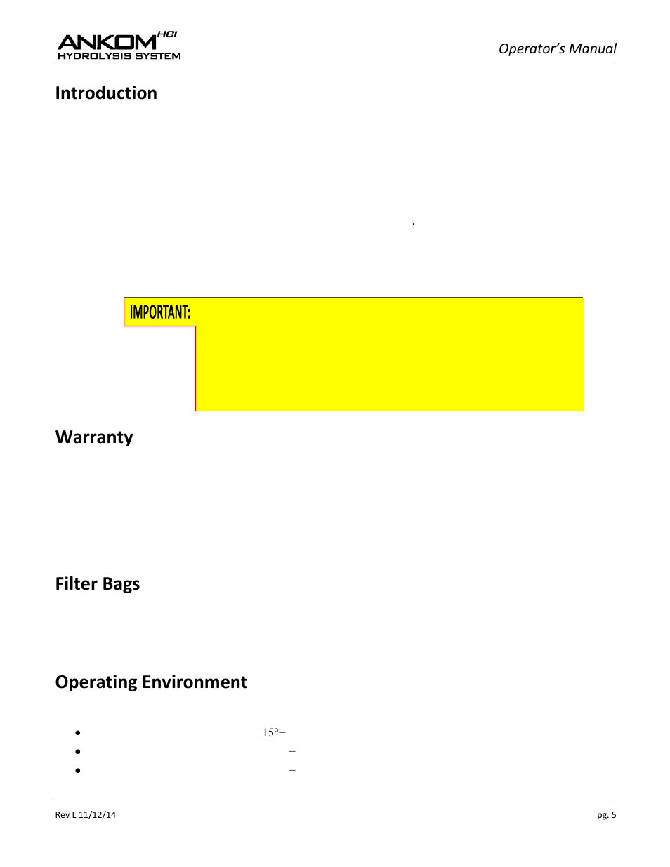 Introduction, Warranty, Filter bags | Operating environment, Operator’s manual | ANKOM HCl Series User Manual | Page 5 / 28