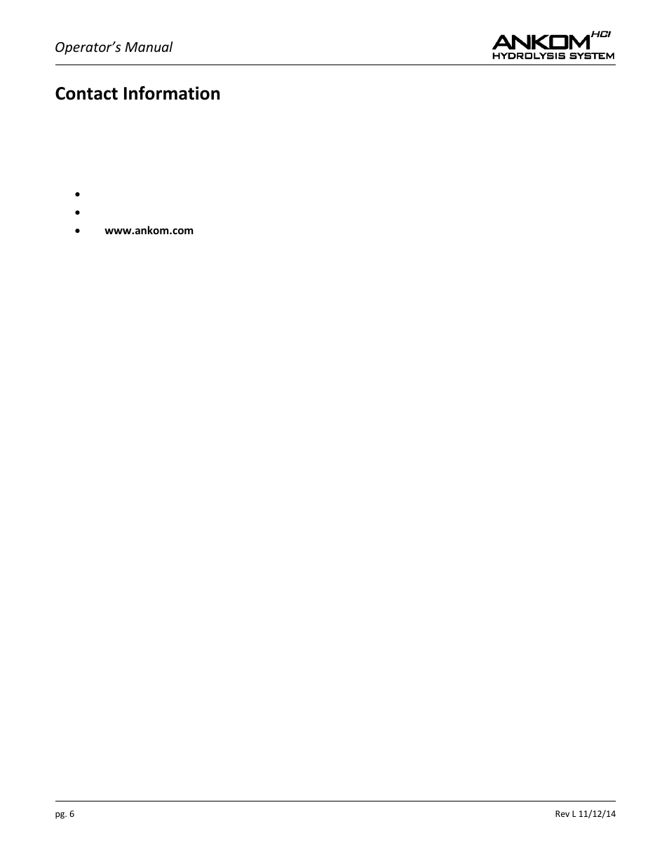 Contact information, Operator’s manual | ANKOM HCl Series User Manual | Page 6 / 28