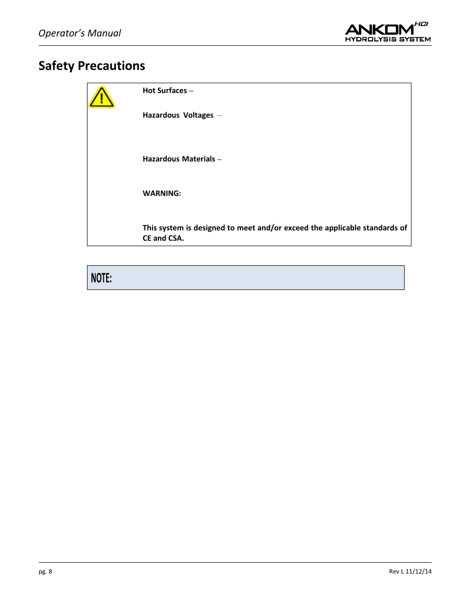 Safety precautions, Operator’s manual | ANKOM HCl Series User Manual | Page 8 / 28