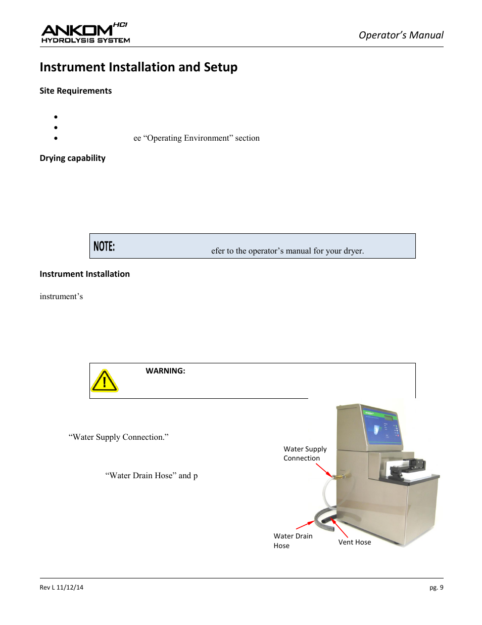 Instrument installation and setup, Operator’s manual | ANKOM HCl Series User Manual | Page 9 / 28