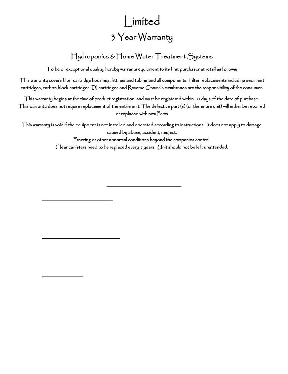 Limited, 3 year warranty, Hydroponics & home water treatment systems | Trouble shooting guide | AquaFX The AquaFX Blue Marlin 1000 Gallon Per Day Reverse Osmosis User Manual | Page 6 / 7