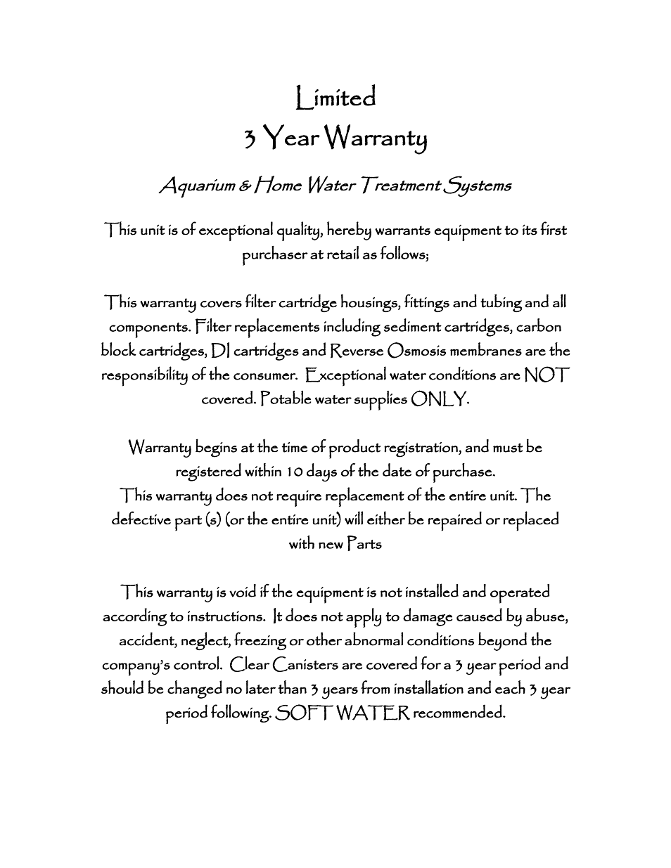 Limited 3 year warranty, Aquarium & home water treatment systems | AquaFX The AquaFX Mako RO/DI User Manual | Page 6 / 8