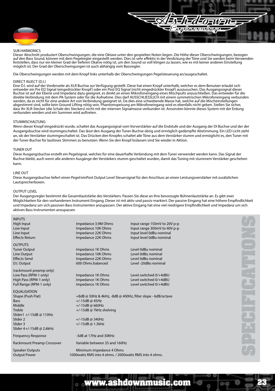 Sp e c if ic a ti o ns, Bedienungsanleitung abm | Ashdown FIVE 15 MINI RIG User Manual | Page 23 / 34