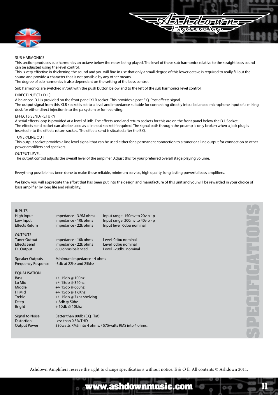 Sp e c if ic a ti o ns, User manual | Ashdown ABM NEO C210 User Manual | Page 11 / 34