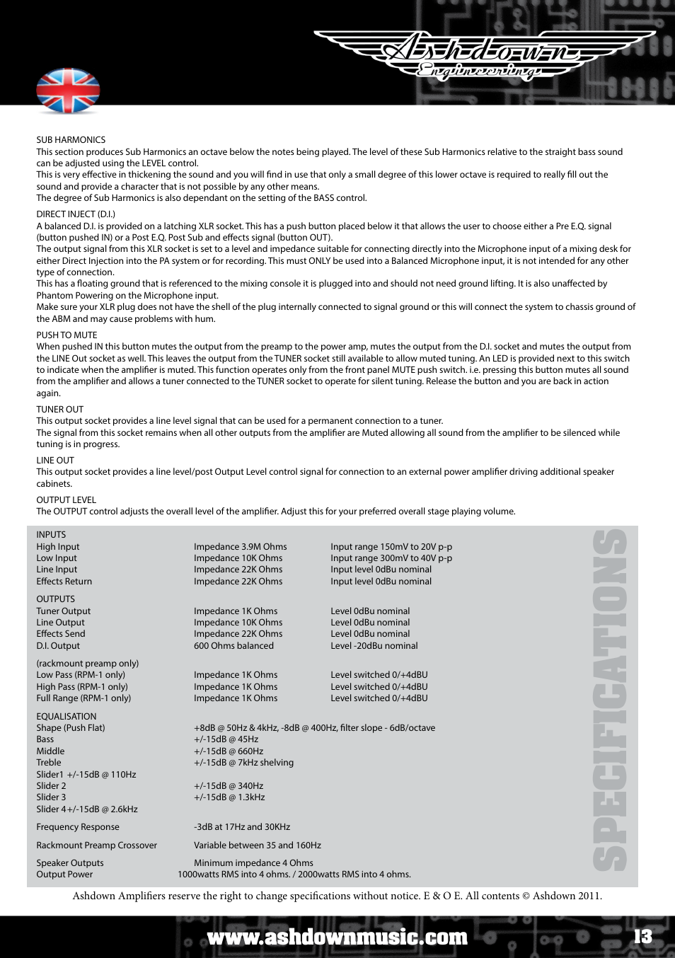 Sp e c if ic a ti o ns, User manual | Ashdown ABM NEO C210 User Manual | Page 13 / 34