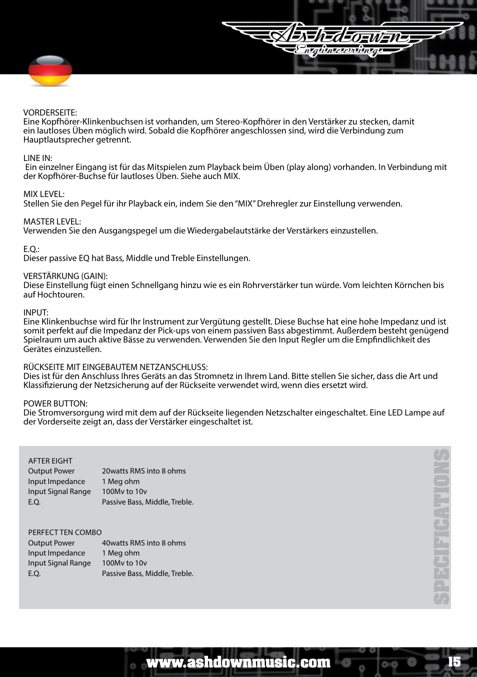 Sp e c if ic a ti o ns, Bedienungsanleitung | Ashdown ABM NEO C210 User Manual | Page 15 / 34