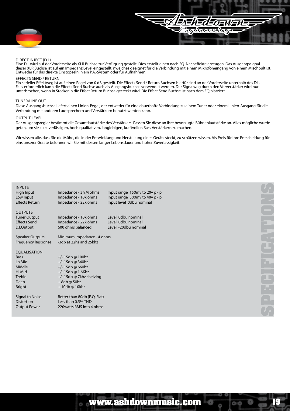 Sp e c if ic a ti o ns, Bedienungsanleitung eb lite 220 | Ashdown ABM NEO C210 User Manual | Page 19 / 34
