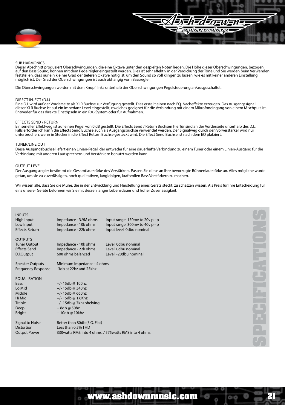 Sp e c if ic a ti o ns | Ashdown ABM NEO C210 User Manual | Page 21 / 34