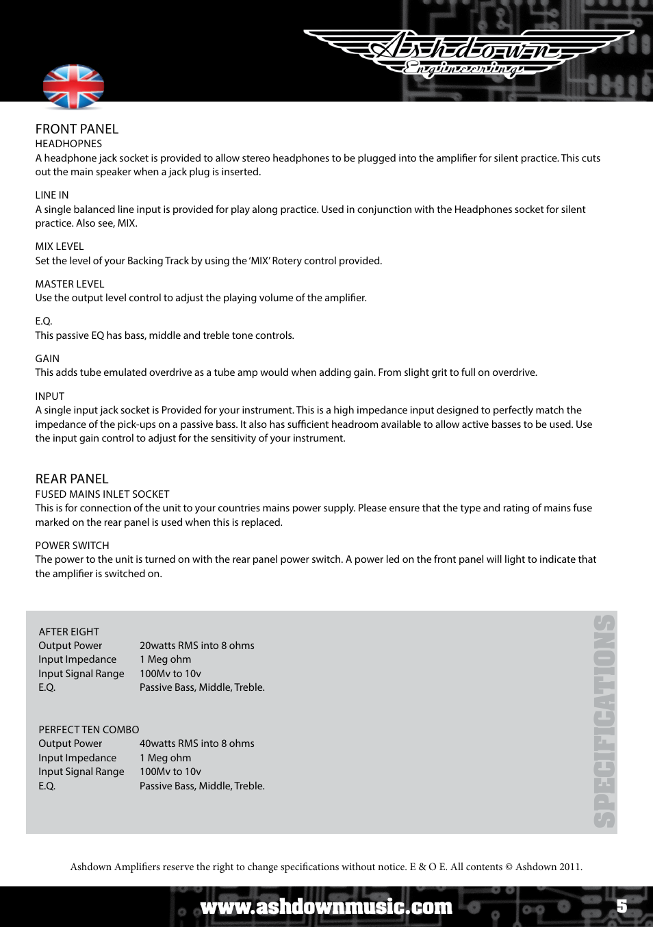 Sp e c if ic a ti o ns, After 8 / perfect 10, User manual | Ashdown ABM NEO C210 User Manual | Page 5 / 34