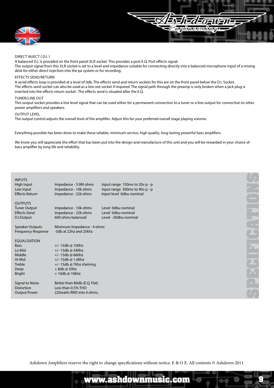 Sp e c if ic a ti o ns, Eb lite 220, User manual | Ashdown ABM NEO C210 User Manual | Page 9 / 34