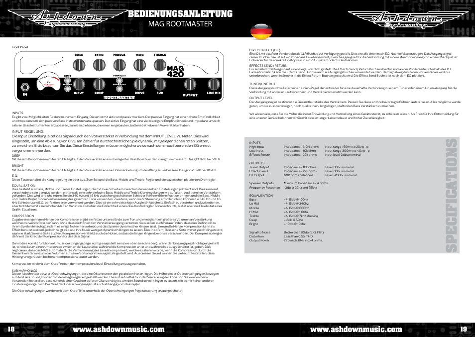 Specifica tion s, Bedienungsanleitung mag rootmaster | Ashdown AAA - TOUR BUS 15 User Manual | Page 10 / 18