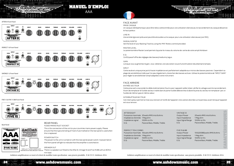 Manuel d’emploi aaa, Caractéri s tiq u e s, Five 15 | After 8, Face avant, Face arriere, Five 15 bb rear panel, Perfect 10, Vintage 12 | Ashdown AAA - TOUR BUS 15 User Manual | Page 13 / 18