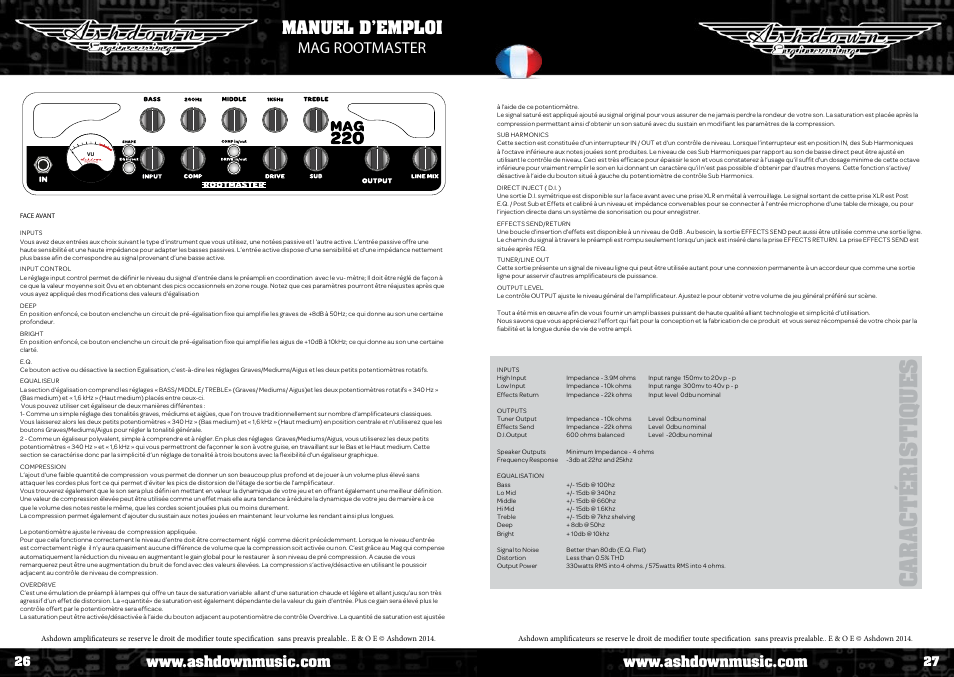 Caractéri s tiq u e s, Manuel d’emploi mag rootmaster | Ashdown AAA - TOUR BUS 15 User Manual | Page 14 / 18