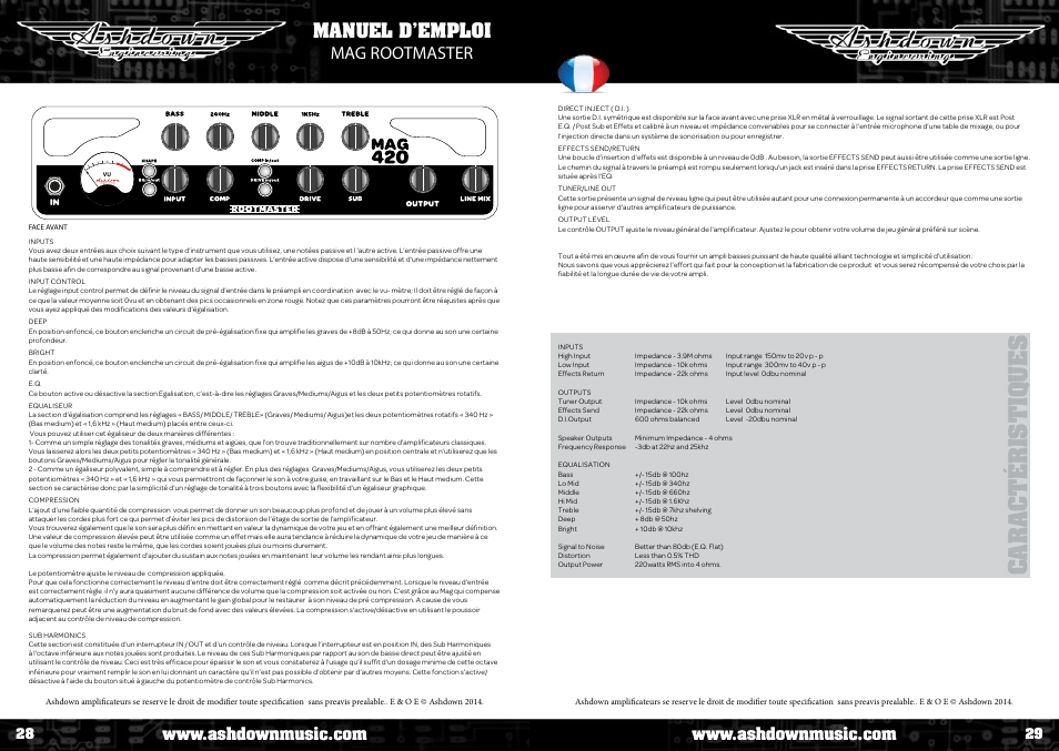 Caractéri s tiq u e s, Manuel d’emploi mag rootmaster | Ashdown AAA - TOUR BUS 15 User Manual | Page 15 / 18