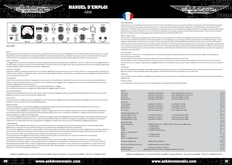 Caractéri s tiq u e s, Manuel d’emploi abm | Ashdown AAA - TOUR BUS 15 User Manual | Page 16 / 18