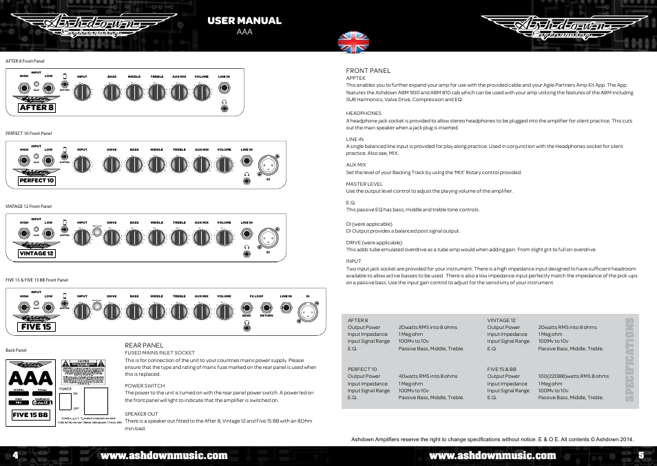 User manual, Specifica tion s, Five 15 | After 8, Front panel, Five 15 bb, Rear panel, Perfect 10, Vintage 12 | Ashdown AAA - TOUR BUS 15 User Manual | Page 3 / 18