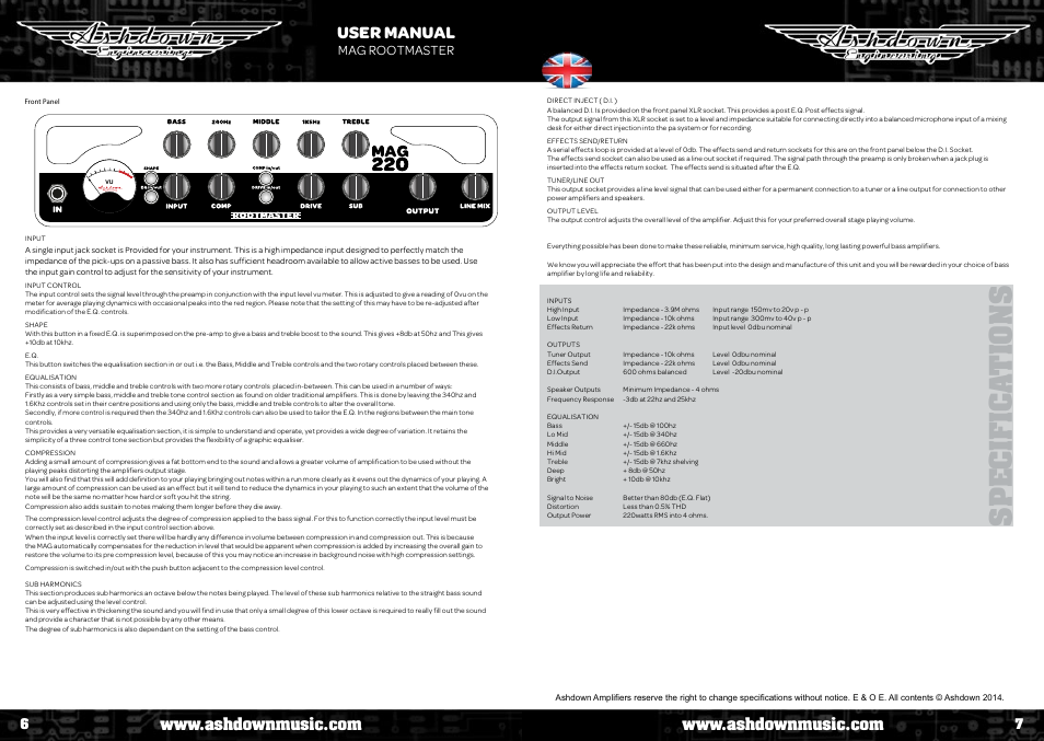 Specifica tion s, User manual, Mag rootmaster | Ashdown AAA - TOUR BUS 15 User Manual | Page 4 / 18