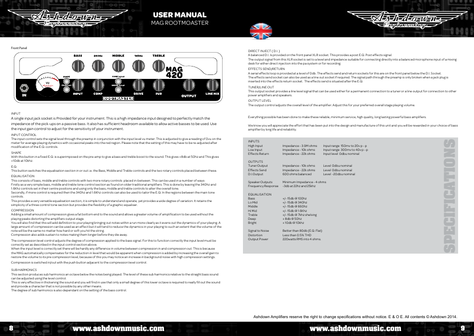 Specifica tion s, User manual, Mag rootmoaster | Ashdown AAA - TOUR BUS 15 User Manual | Page 5 / 18