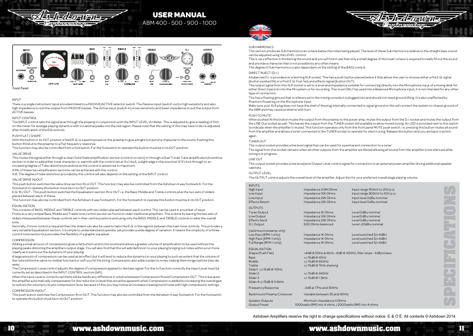 Specifica tion s, User manual | Ashdown AAA - TOUR BUS 15 User Manual | Page 6 / 18
