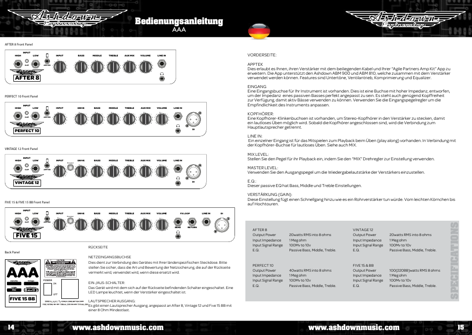 Specifica tion s, Bedienungsanleitung, Five 15 | After 8, Five 15 bb, Perfect 10, Vintage 12 | Ashdown AAA - TOUR BUS 15 User Manual | Page 8 / 18