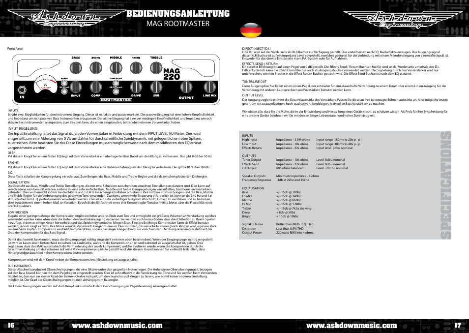Specifica tion s, Bedienungsanleitung mag rootmaster | Ashdown AAA - TOUR BUS 15 User Manual | Page 9 / 18