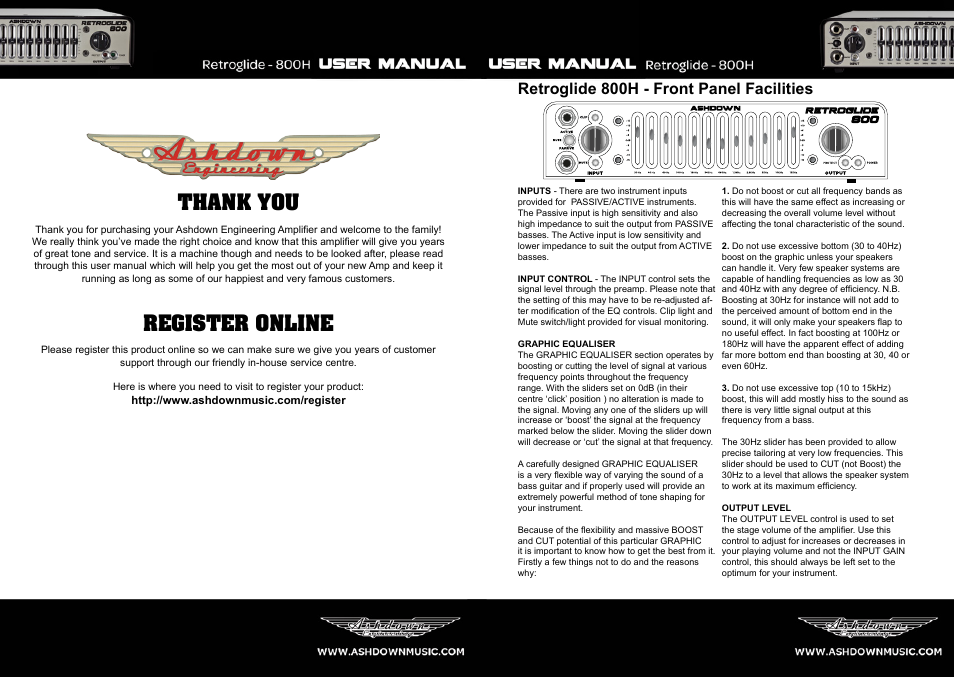 Retroglide 800h - front panel facilities | Ashdown RETROGLIDE-800 User Manual | Page 2 / 5