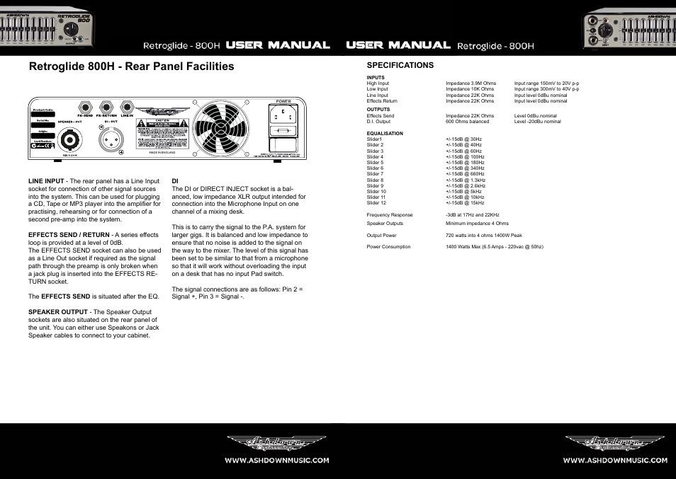 Retroglide 800h - rear panel facilities, Specifications | Ashdown RETROGLIDE-800 User Manual | Page 3 / 5