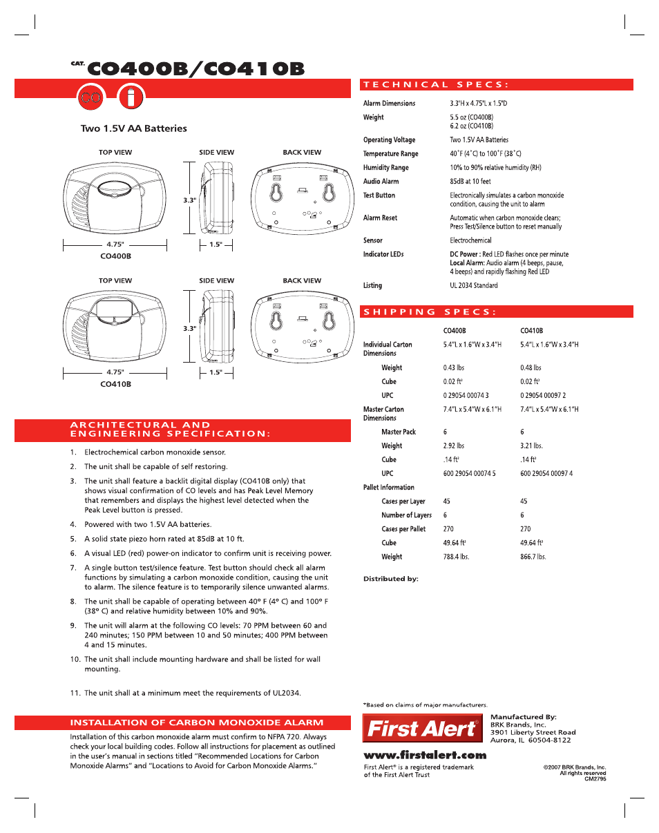 First alert, Two 1.5v aa batteries | BRK electronic CO400B User Manual | Page 2 / 2