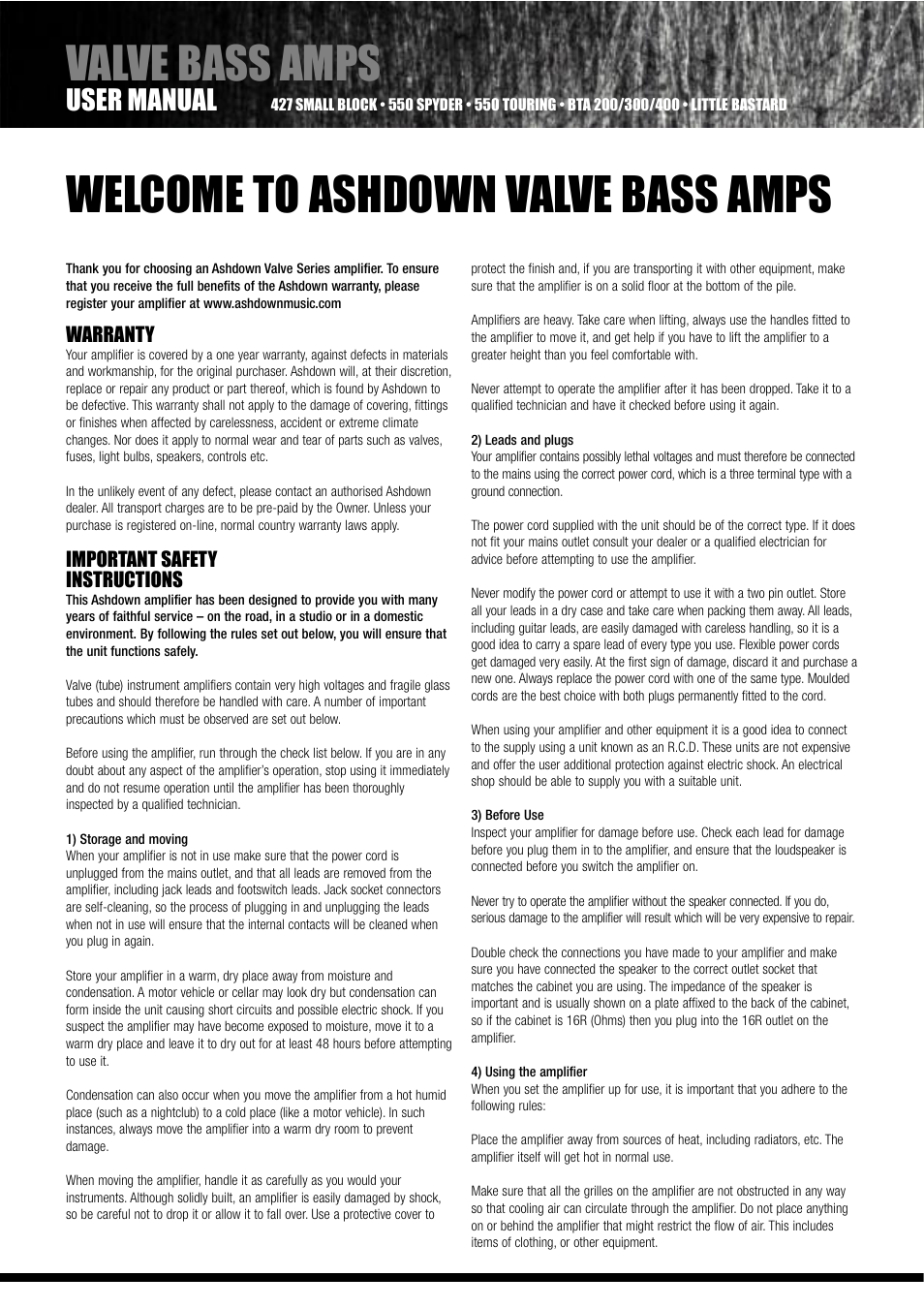 Welcome to ashdown valve bass amps, Valve bass amps, User manual | Ashdown 550 SPYDER User Manual | Page 2 / 12