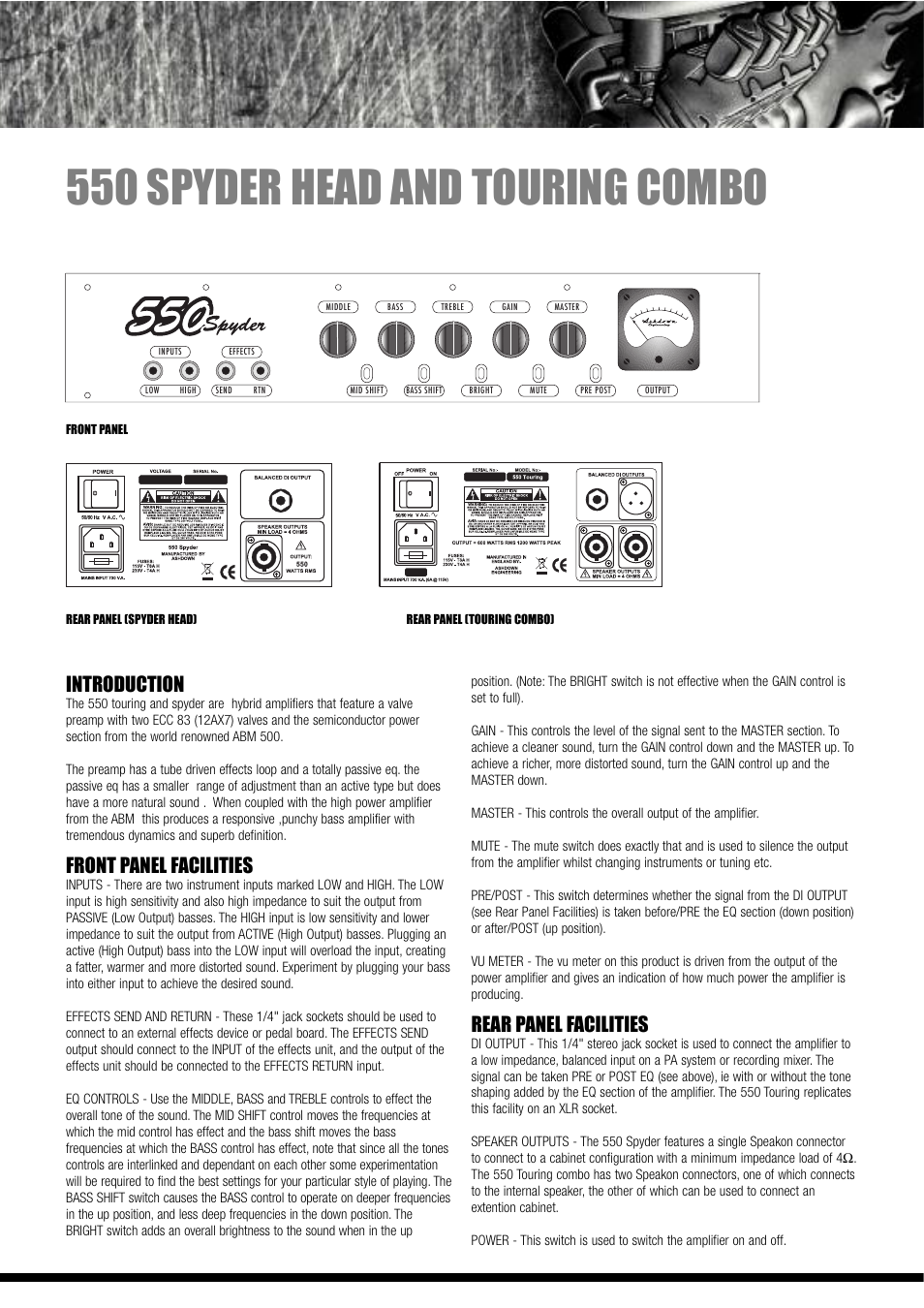 550 spyder head and touring combo, Introduction, Front panel facilities | Rear panel facilities | Ashdown 550 SPYDER User Manual | Page 5 / 12