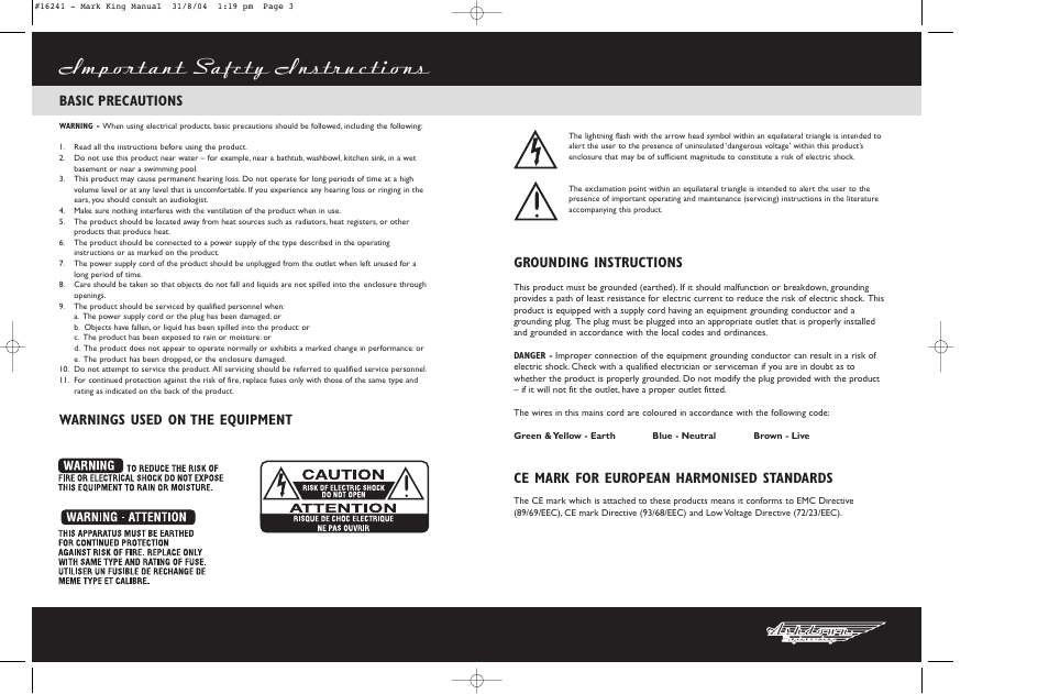 Important safety instructions, Basic precautions, Warnings used on the equipment | Grounding instructions, Ce mark for european harmonised standards | Ashdown MK500 User Manual | Page 2 / 4