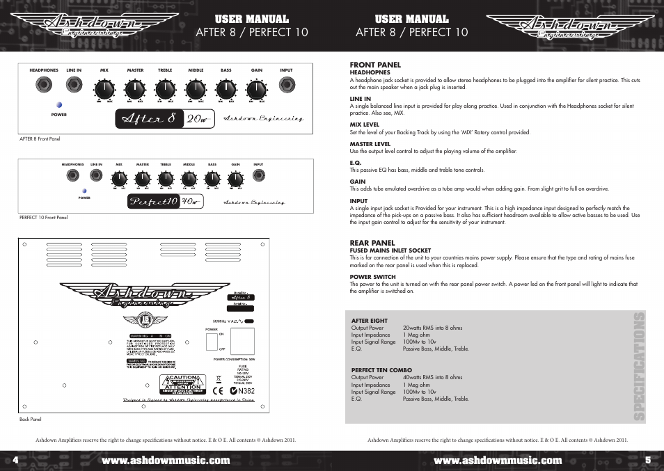 Sp e c if ic a ti o ns, After 8 / perfect 10, User manual | Ashdown ABM 2000 EVO III User Manual | Page 3 / 9