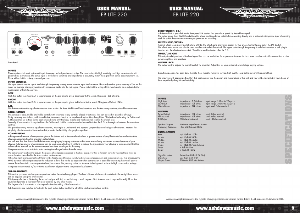 Sp e c if ic a ti o ns, Eb lite 220, User manual | Ashdown ABM 2000 EVO III User Manual | Page 5 / 9