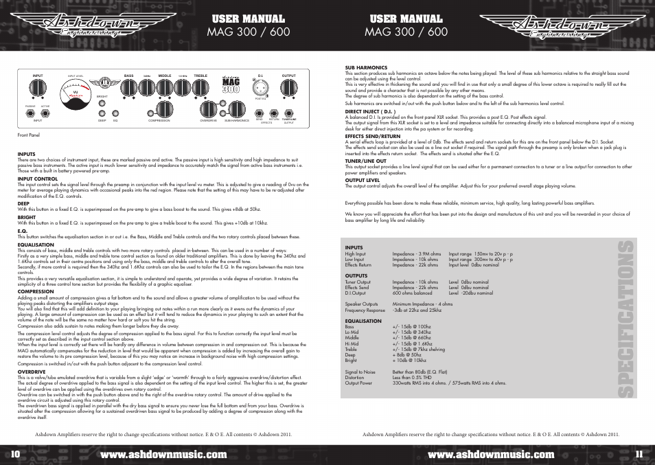 Sp e c if ic a ti o ns, User manual | Ashdown ABM 2000 EVO III User Manual | Page 6 / 9