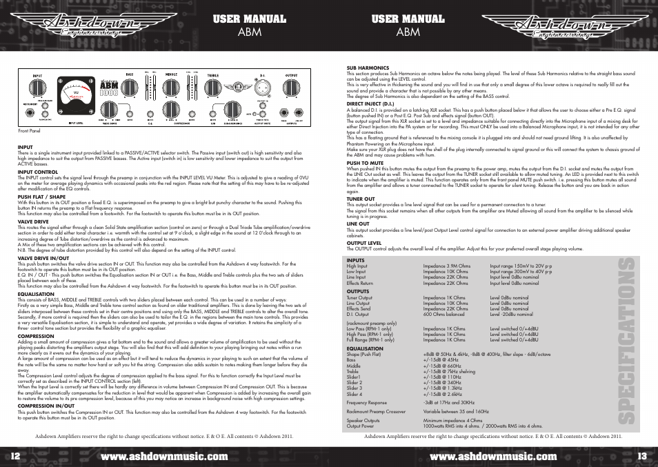 Sp e c if ic a ti o ns, User manual | Ashdown ABM 2000 EVO III User Manual | Page 7 / 9