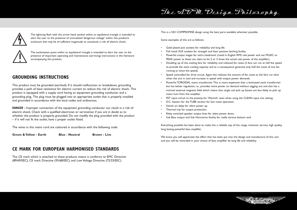 The abm design philosophy, Grounding instructions, Ce mark for european harmonised standards | Ashdown EB 180 HEAD User Manual | Page 3 / 6