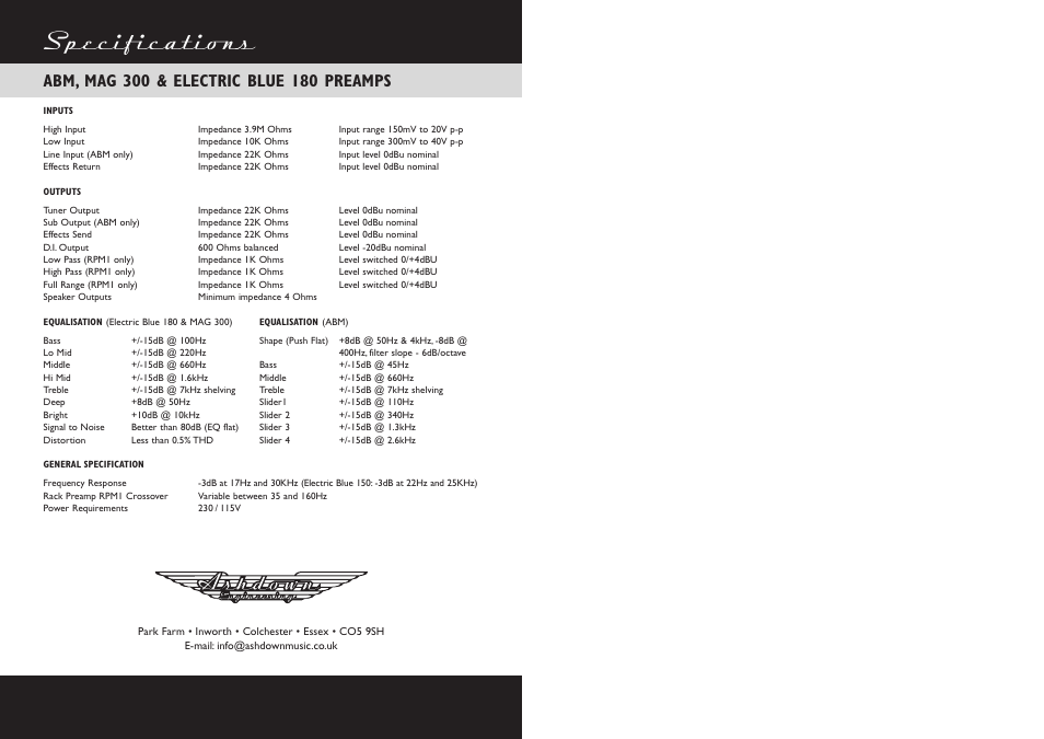 Specificatio ns | Ashdown EB 180 HEAD User Manual | Page 6 / 6