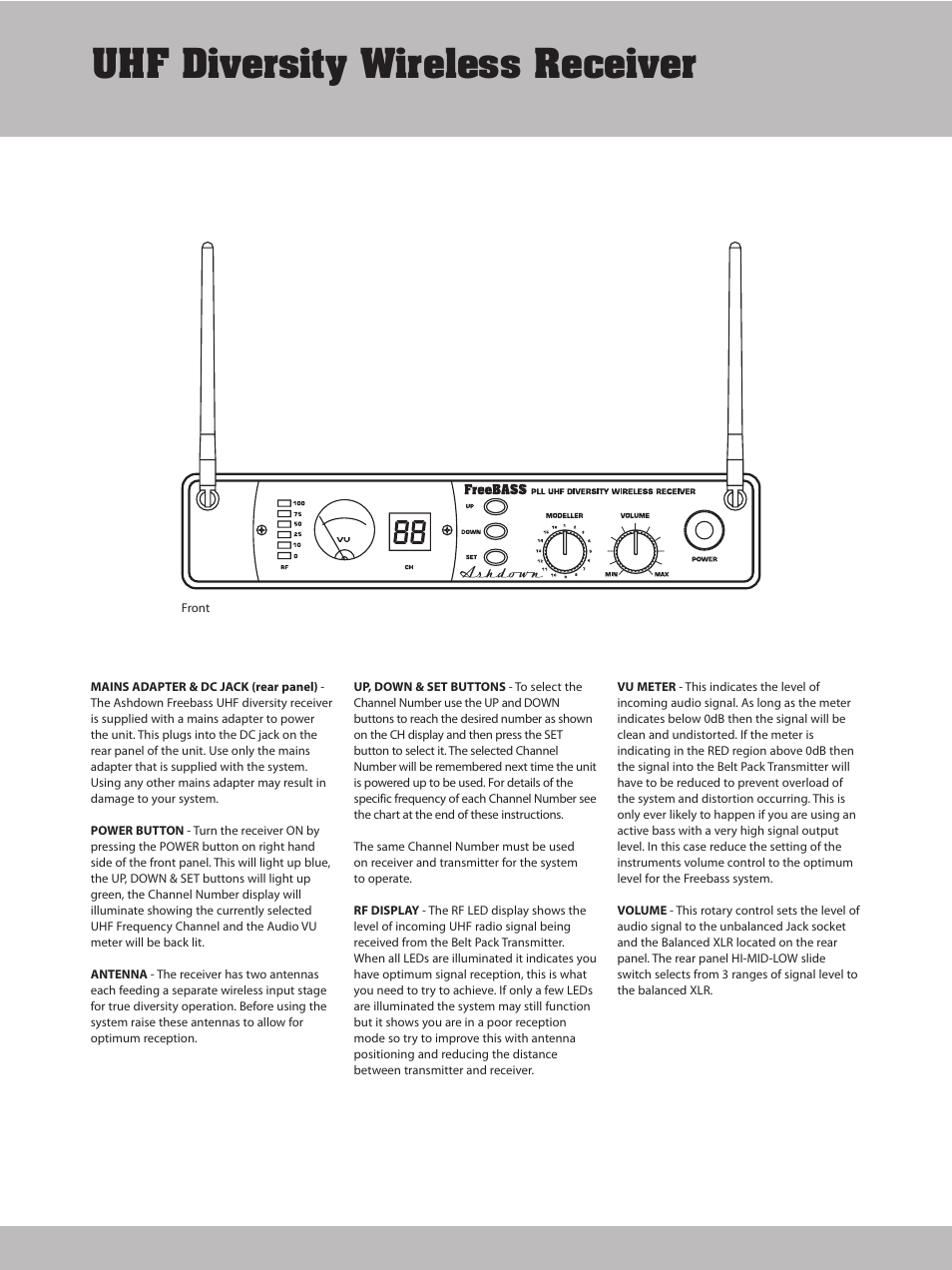 Uhf diversity wireless receiver | Ashdown FREEBASS User Manual | Page 6 / 11