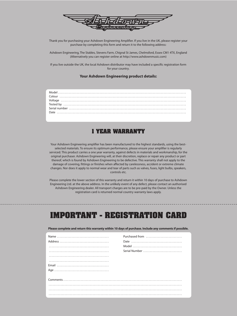 Important - registration card, 1 year warranty | Ashdown LITTLE GIANT 1000 User Manual | Page 2 / 7